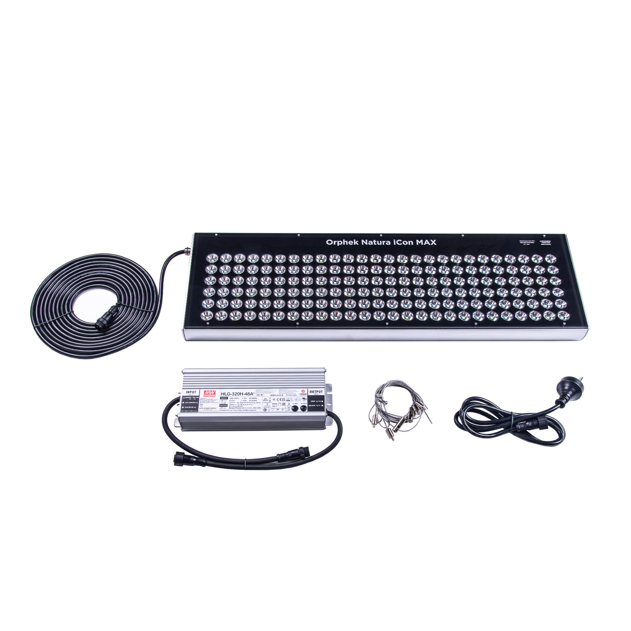 Orphek Natura iCon MAX LED Light with multiple black cables, a silver power supply, and a coiled black cable on a white background.