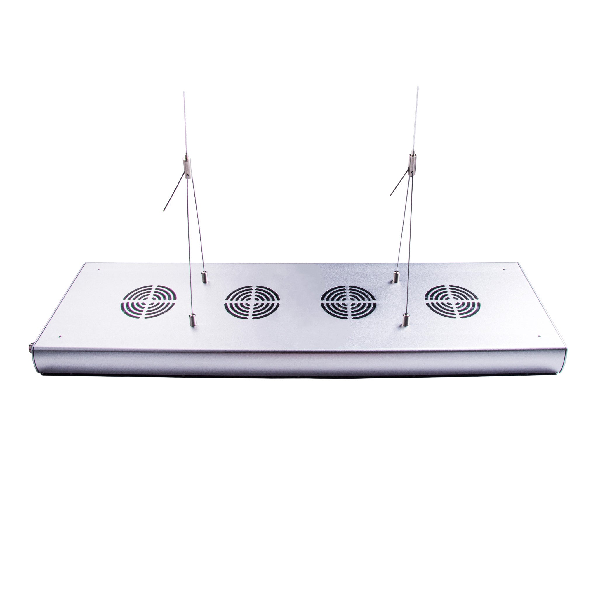 Orphek Natura iCon light for salt water aquariums with four circular cooling fans on top and two thin hanging support wires, shown against a plain white background.
