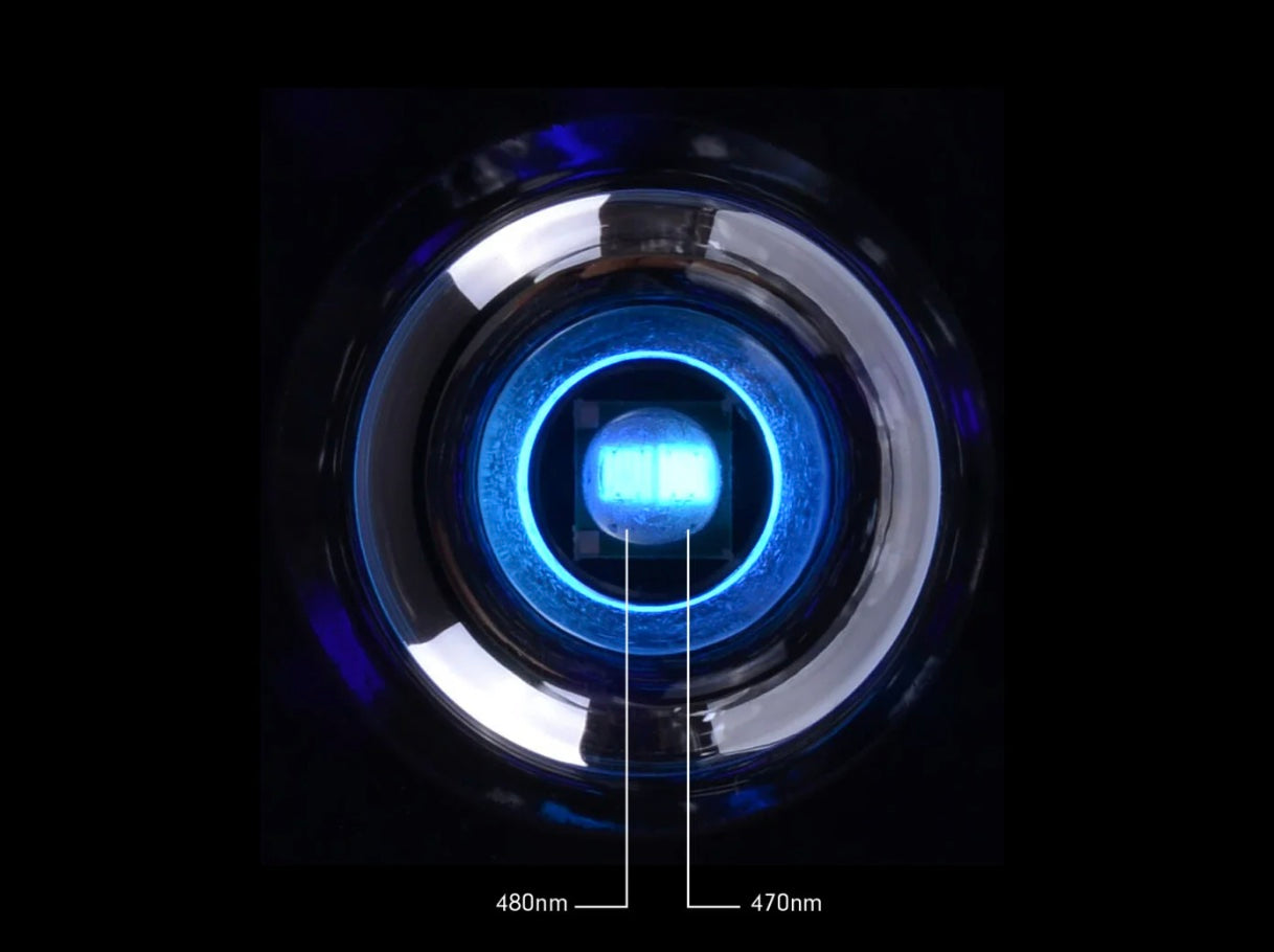 Close-up of a blue light source with wavelength measurement on a black background